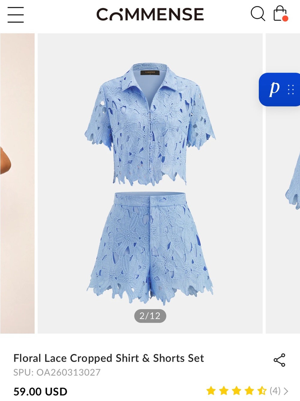 Commense Sky Blue Floral Lace Cropped Shirt & Shorts Set NWT - Picture 2 of 8